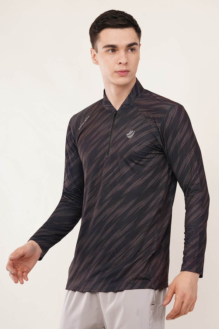 Men's Performance Half Zip Full Sleeve Sports T-Shirt | Charcoal Abstract Print