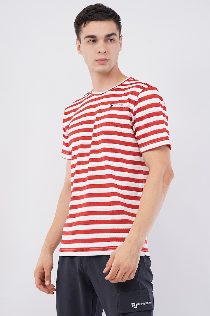 Benz Stripe Jaquard 2 way Lycra | Half Sleeve | Round Neck | T - Shirt | Breathable & Comfort | Regular Wear | White - Red