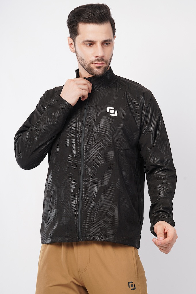 Sports Fit Men's Wear Full Sleeve Zig Zag Print Zip Closer Jacket | Gym Workout, Running, Hiking, Travelling & Casual Wear | Black
