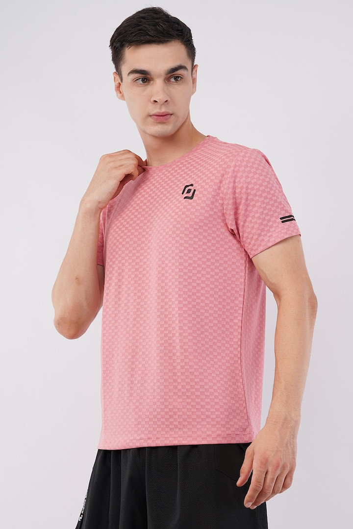 Check Jaquard Lycra | Half Sleeve | Round Neck | T-Shirt | Stylish & Trending| Summer &  Winter Season | Light Peach