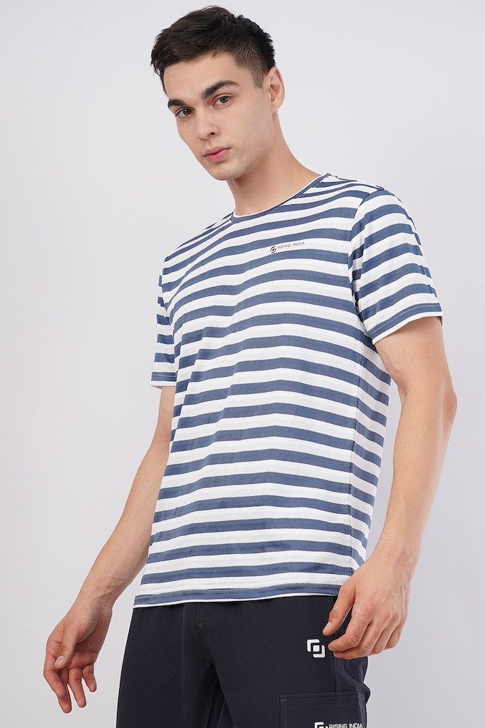 Benz Stripe Jaquard 2 way Lycra | Half Sleeve | Round Neck | T - Shirt | Breathable & Comfort | Regular Wear | White - Navy Blue