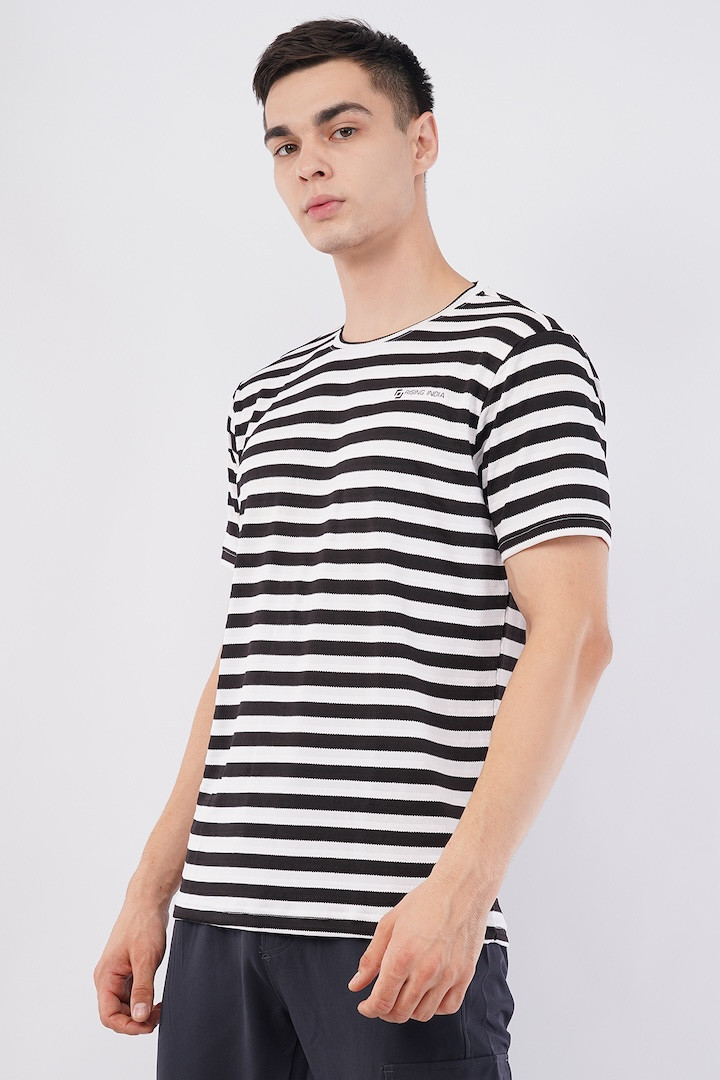 Benz Stripe Jaquard 2 way Lycra | Half Sleeve | Round Neck | T - Shirt | Breathable & Comfort | Regular Wear | White - Black