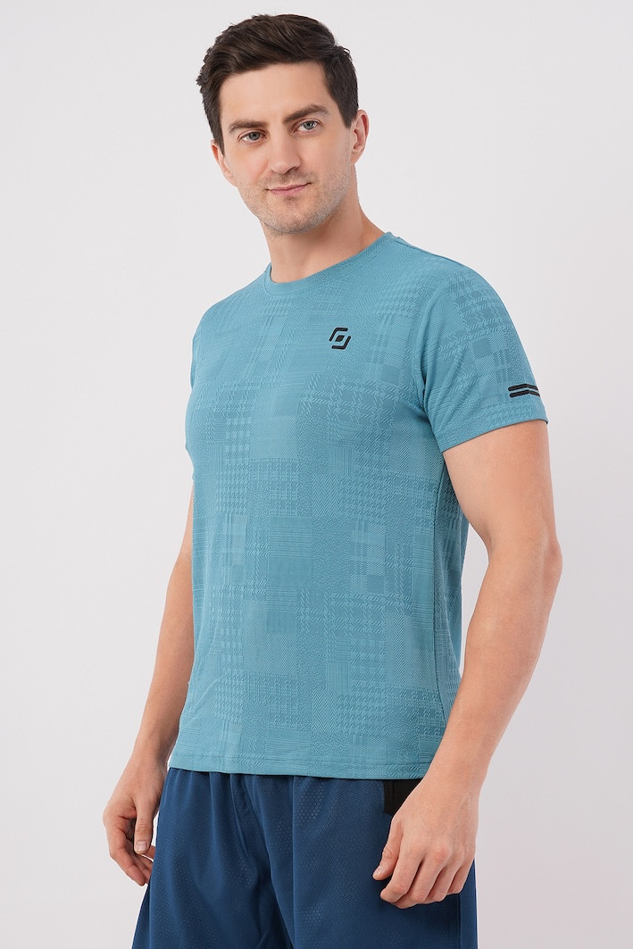 ASI Jaquard Lycra Fabric | Half Sleeve | Round Neck | T- Shirt | Super Streacable, Soft & Breathable | Both Men & Boys | Teal Blue