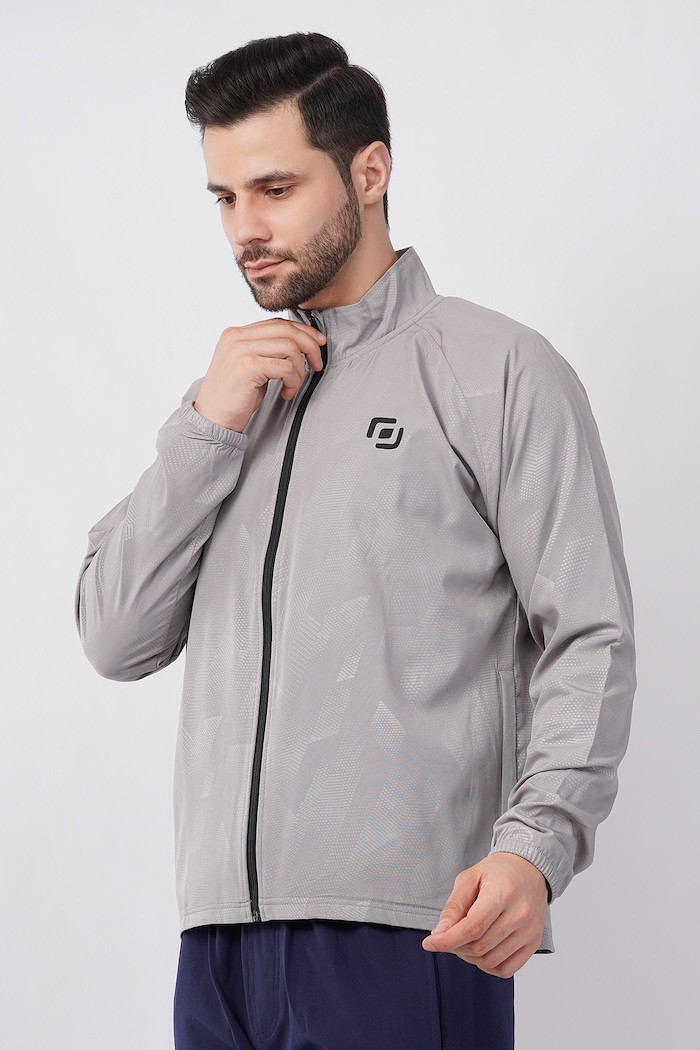 Sports Fit Men's Wear Full Sleeve Zig Zag Print Zip Closer Jacket | Gym Workout, Running, Hiking, Travelling & Casual Wear | Light Grey